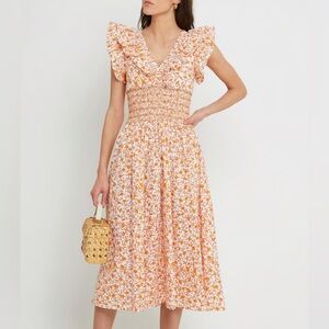 Aqua Smocked Ditsy Floral Orange and White Midi Dress